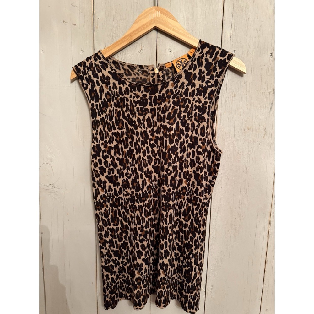 TORY BURCH LEOPARD Sleeveless Sweater Lightweight Wool W/ GOLD LOGO PULL Sz-Lg
